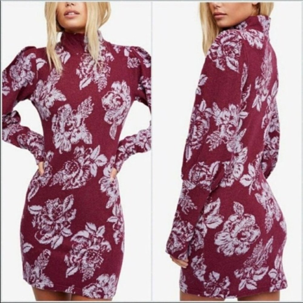 FREE PEOPLE Dress Long Sleeve Mini Sweater Wool Mock Neck Floral Boho Wine XS - Picture 4 of 10